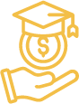 An icon of a coin wearing a graduation cap floating over a person's hand.