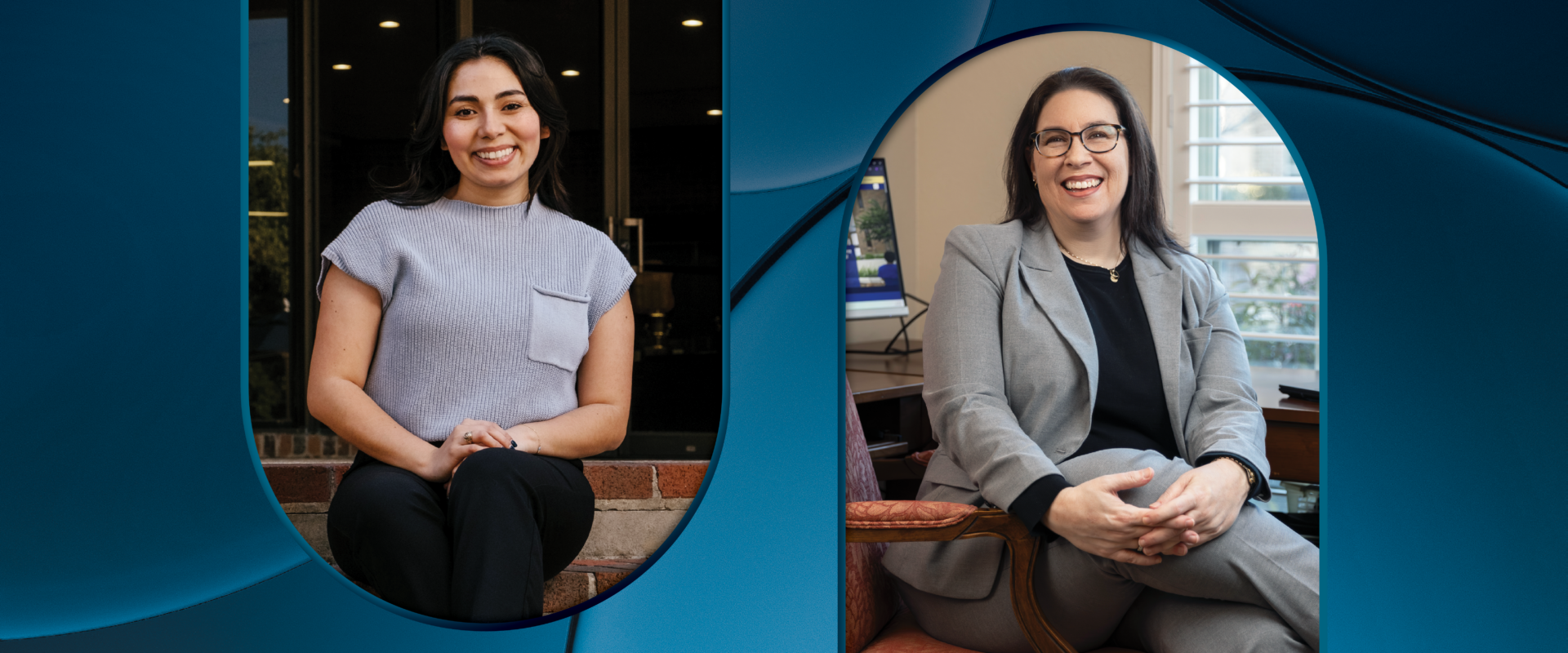 Banner image at top of page shows Melina Nino on campus and Kara Horne at her home office in the Dallas area.