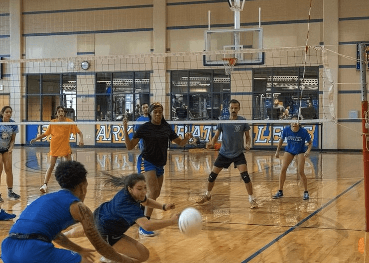 Students playing volleyball.
