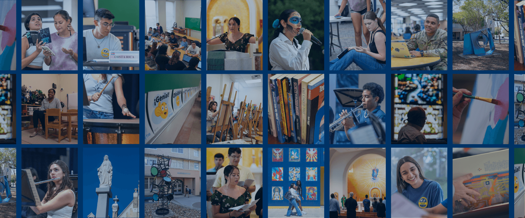 A collage of images representing various programs across the College of Arts, Humanities and Social Sciences, including art, English, languages, music, political science and theology.