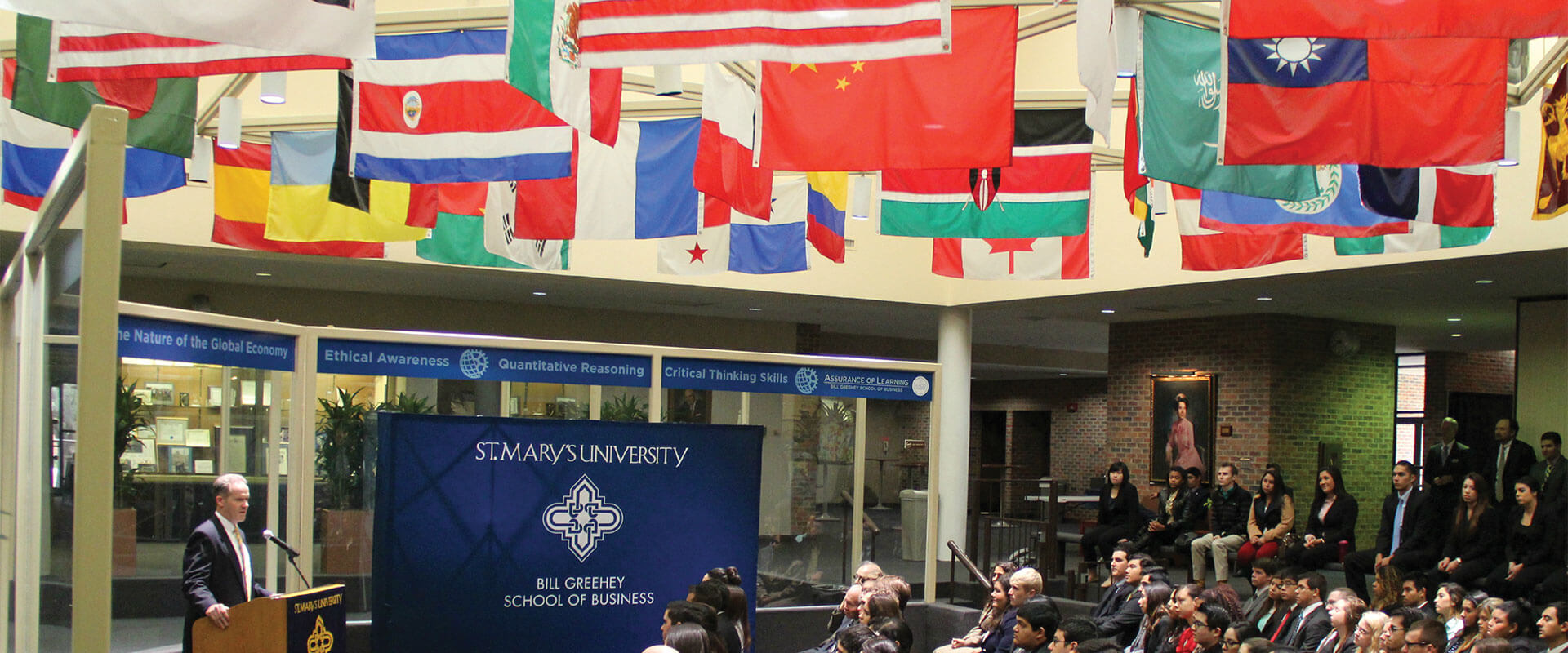 A photo of Business Week in 2014 in the Alkek Business Building Atrium.